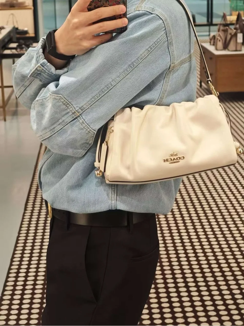Coach Cream Ruched Leather Shoulder Bag with Gold Hardware